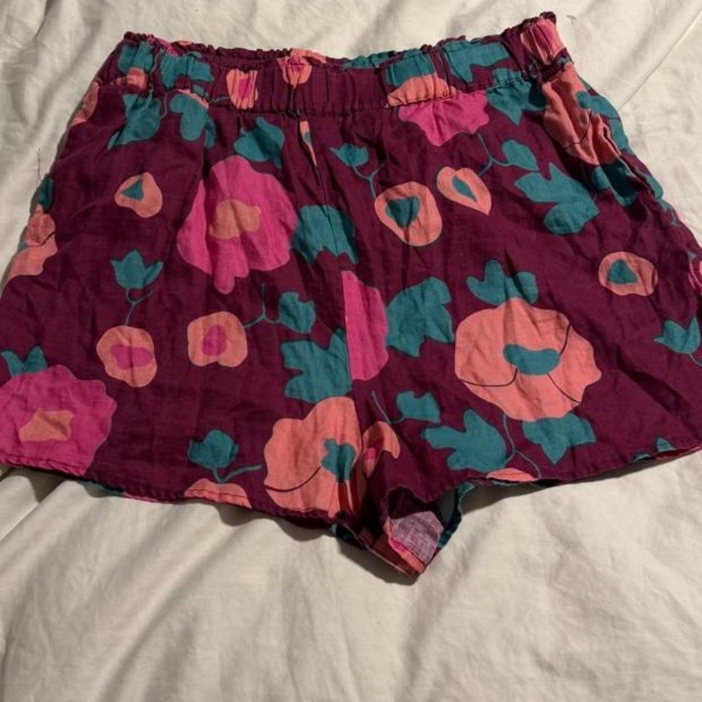 Birds of Paradis Trovata 100% Linen Floral Pull-On Shorts L - Picture 3 of 8